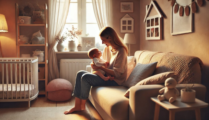 DALL·E 2024-06-29 13.28.08 - A warm and loving scene of parenting. A parent is sitting on a comfortable sofa, holding their baby and looking at them with a loving smile. The room .jpg