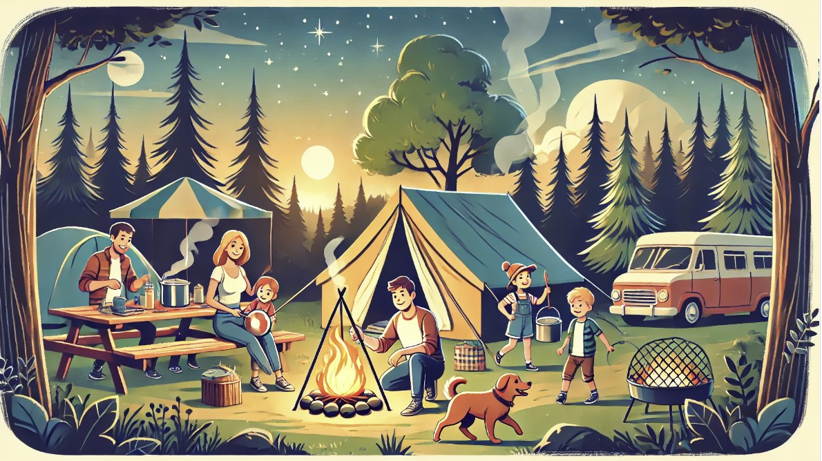 DALL·E 2024-07-07 18.40.05 - An illustration of a family camping together in a wide 16_9 aspect ratio. The scene shows a cozy campsite with a tent, a campfire, and trees in the ba.webp.jpg