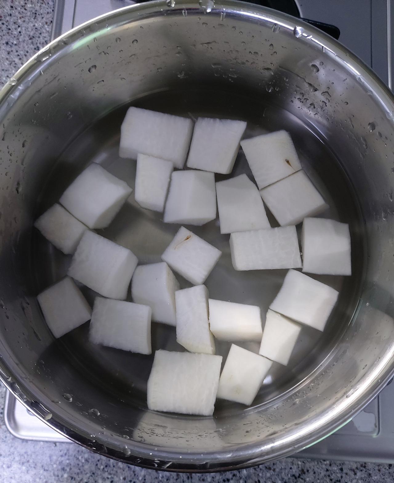 17-2. 종이컵으로 세 컵가량의 물을 붓고 깍둑 썬 무를 올린다. 20240811_081925.jpg