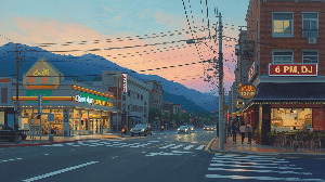 큰 도로를 사이에 두고 왼 편에 _칠암동 슈퍼마켓_이 있고  오른 쪽에는 _오후 6시, DJ_라는 카페가 있다. 파스텔화, 저녁 모습.jpg