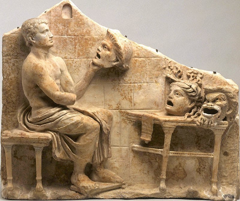 Roman, Republican or Early Imperial Relief of a seated poet (Menander) with masks of New Comedy, 1st century B.C. – early 1st century A.D., Princeton University Art Museum.jpg