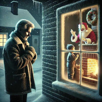 DALL·E 2025-01-19 12.55.02 - A solemn and reflective scene depicting an adult standing outside a home, looking in through a frosted window where Santa Claus is seen encouraging ch.jpg