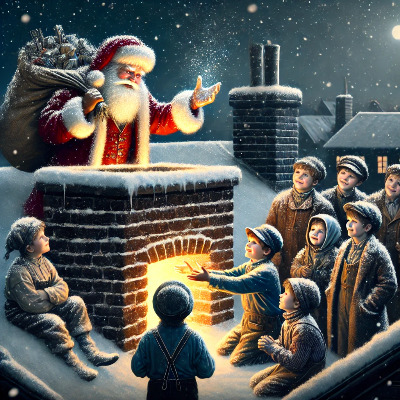 DALL·E 2025-01-19 12.52.55 - A heartwarming yet melancholic scene featuring Santa Claus at a chimney, cheering and encouraging a group of children working hard with soot-covered f.jpg