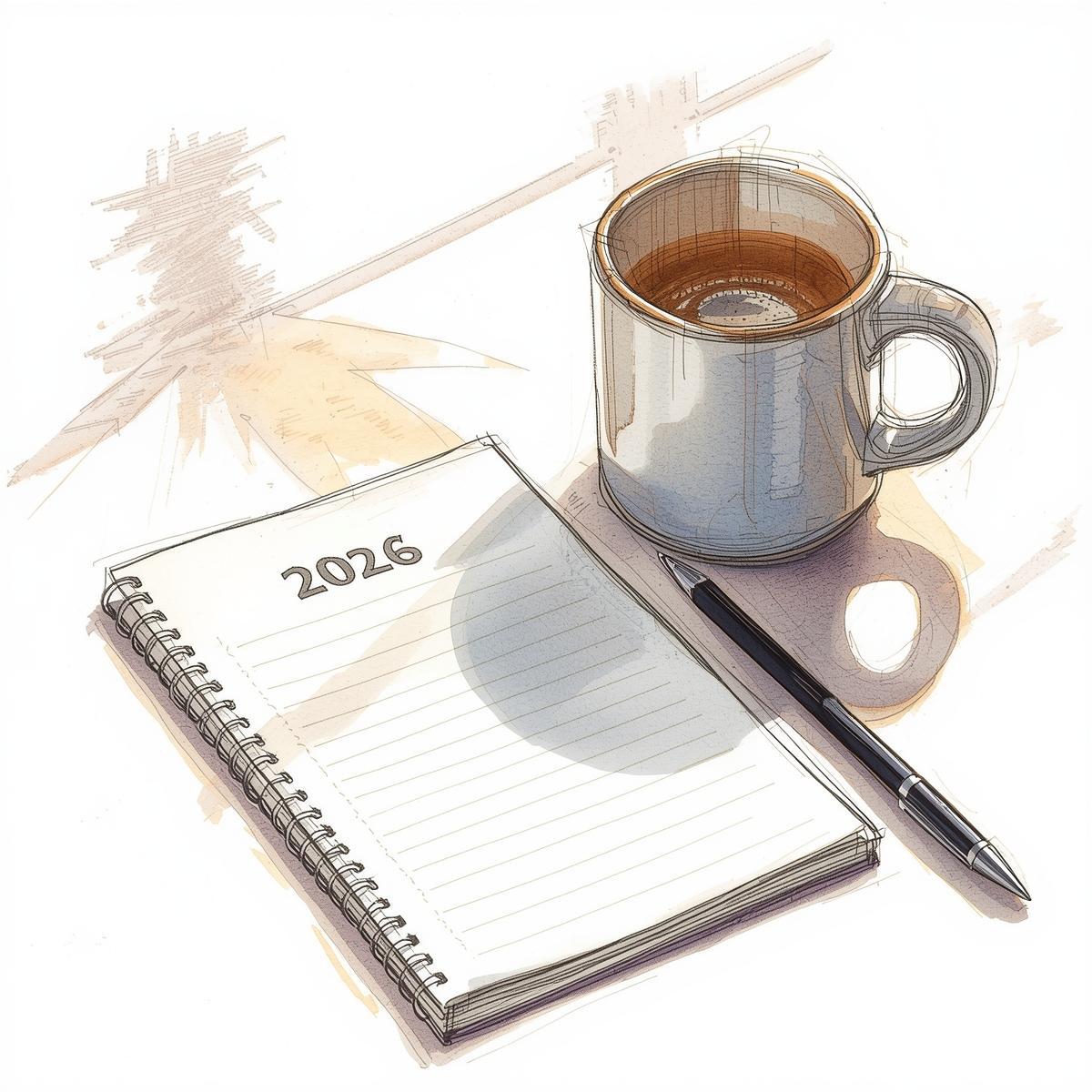 A minimalist desk scene with morning light, coffee cup, notebook labeled “2026”, pen resting quietly. Calm, reflective, introspective atmosphere. Clean composition, modern editorial style, soft shadows..jpg
