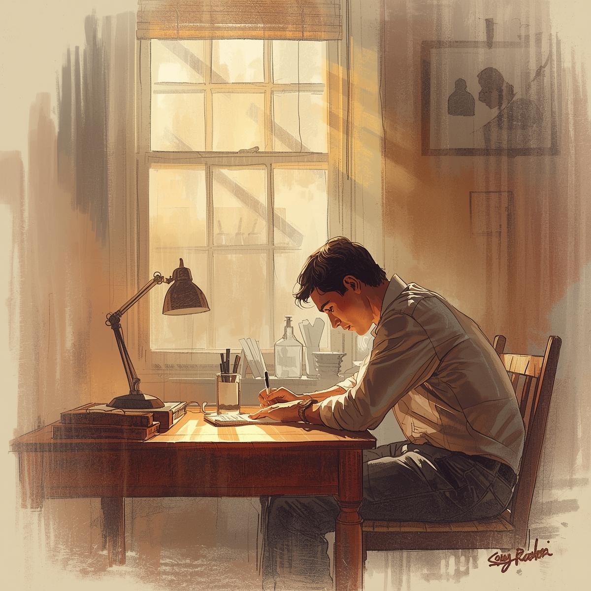 A quiet, reflective dawn scene of a man writing at a desk, warm natural light, symbols of writing, pharmacy, and family subtly blended in the background._Minimalist, calm, introspective mood, realistic or cinematic .jpg
