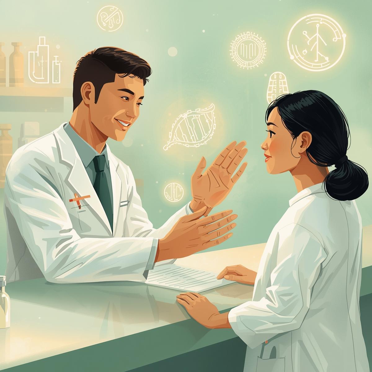 A clean, modern medical illustration of “active folate (L-methylfolate)” vs “regular folic acid.” Show a pharmacist gently explaining to a patient across a counter, soft warm lighting, minimalistic icons of DNA, cel.jpg