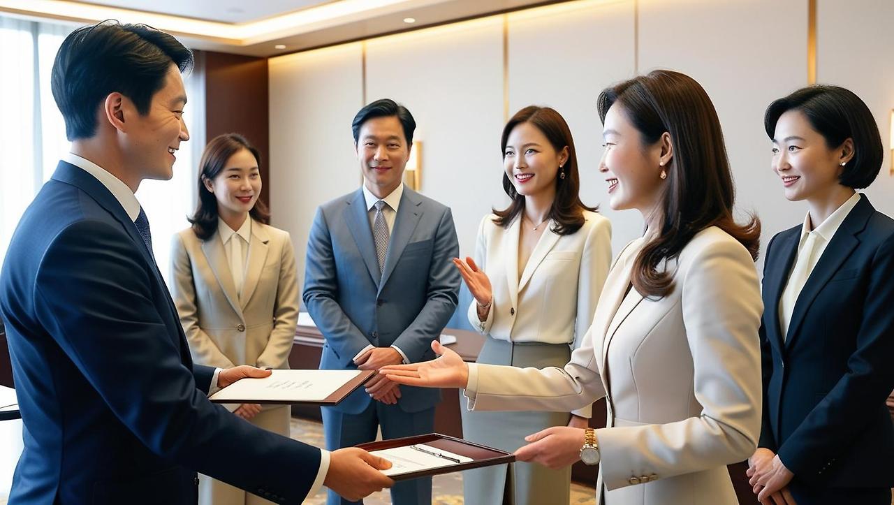 중요한 비지니스 자리에서 소개자가 처음 온 사람 1명을 3명에게 소개하는 한국인 직장인 이미지. 소개하는 손은 오른손으로 .jpg