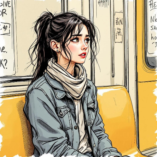 A sketch of a young woman in a subway car, sitting on a bench, looking around curiously She has long, dark hair tied in a loose ponytail, wearing a casual denim jacket and a scarf The subway interior is typical, wit.jpg
