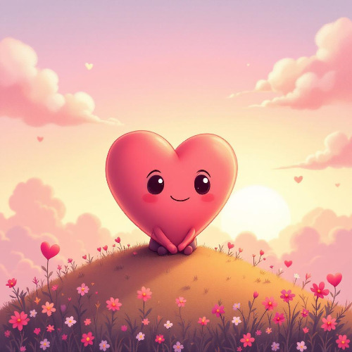 An illustration of a heart, depicted as a lonely character sitting in a serene environment The heart has big, expressive eyes and a soft smile, looking content despite its solitude It is surrounded by a gentle atmos.jpg