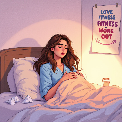An illustration of a woman in her early 30s, lying in bed, looking unwell She has long, wavy brown hair and is wearing a comfortable light blue pajama set The room is softly lit with warm light coming from a bedside.jpg