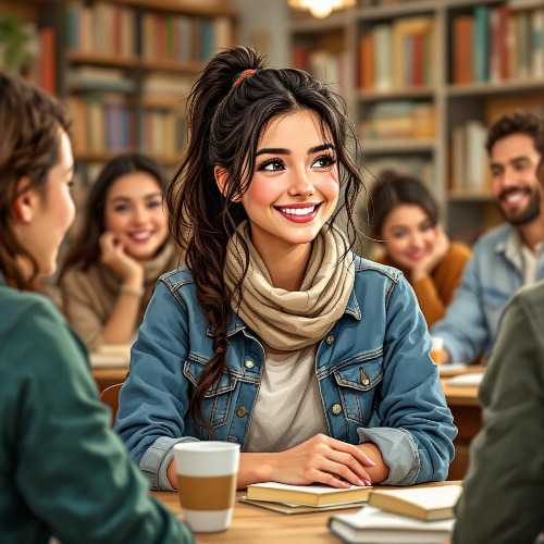 A sketch of a young woman at a book club, surrounded by people and enjoying herself She has long, dark hair tied in a loose ponytail, wearing a casual denim jacket and a scarf The background shows a cozy room with b.jpg