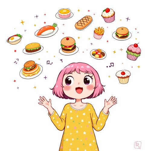 A whimsical cartoon-style illustration of a girl with large, expressive eyes and short pink hair, dreaming about an array of food She is surrounded by floating images of her favorite dishes like sushi, burgers, and .jpg
