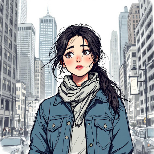 A sketch of a young woman walking down a city street filled with high-rise buildings She has long, dark hair tied in a loose ponytail, wearing a casual denim jacket and a scarf The cityscape includes tall buildings .jpg