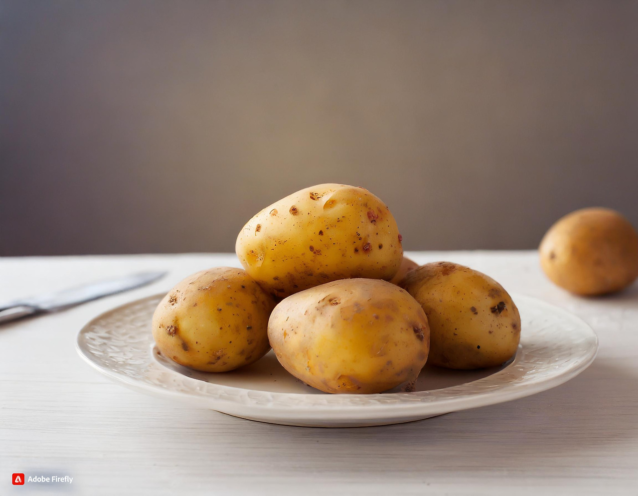 Firefly 하얀 식탁 위, 접시에 담긴 감자 주변 사물 없어야 함 95704.jpg