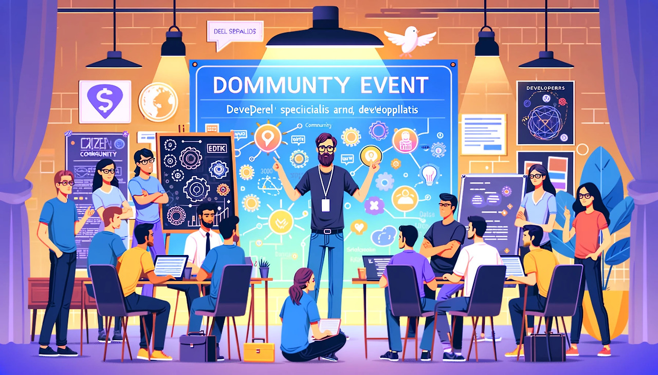 DALL·E 2024-06-02 22.30.48 - A DevRel specialist organizing a community event, with developers interacting, sharing ideas, and working on laptops. The event has a vibrant and coll.jpg