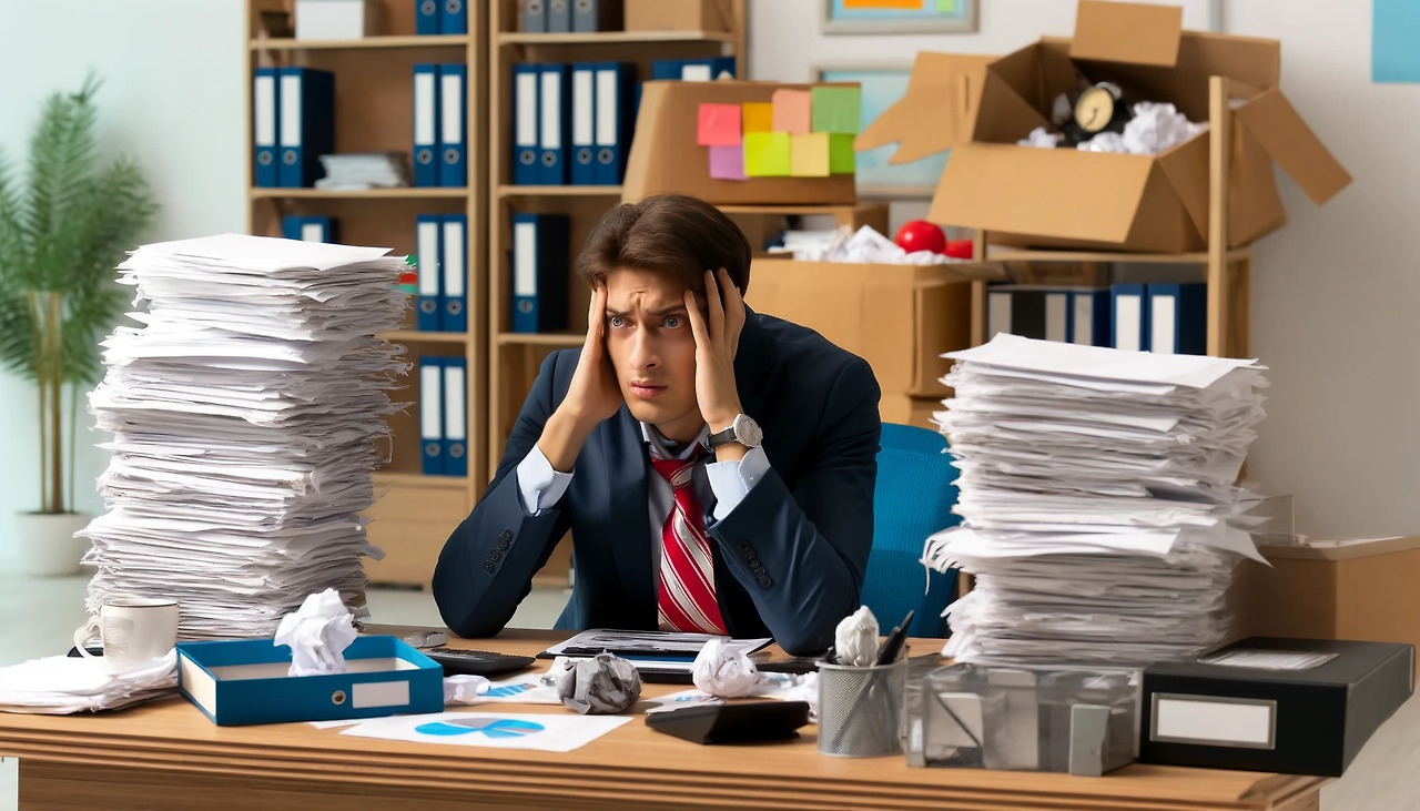 DALL·E 2024-06-04 22.25.09 - A stressed DevRel professional at their desk, looking overwhelmed with stacks of documents and charts around them, indicating challenges and inefficie.jpg