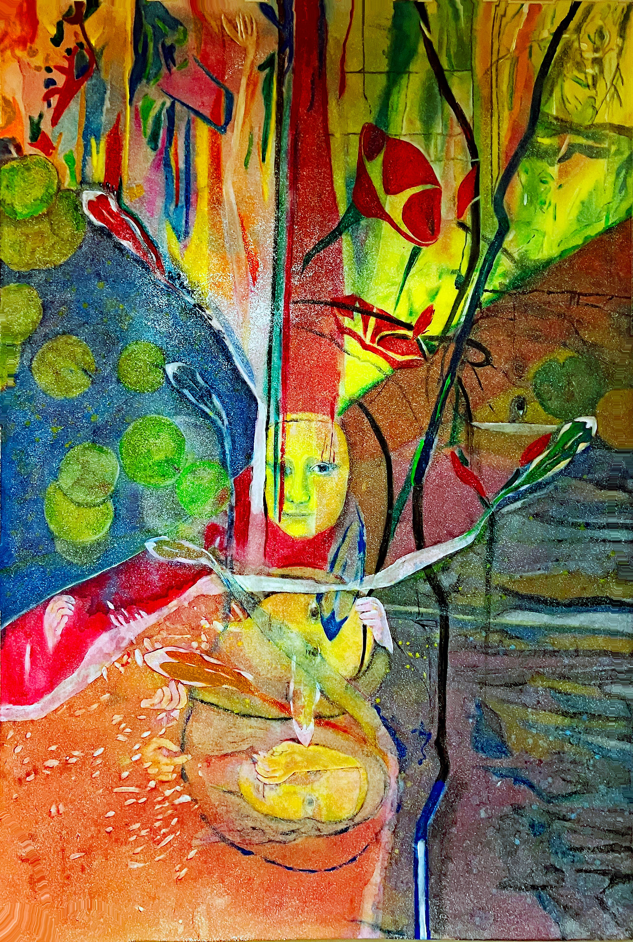 Louis Choi Chul-joo, Morning glory and fish-Mona Lisa design, 113X165cm, acrylic and composite materials on cloth, 2025.jpg