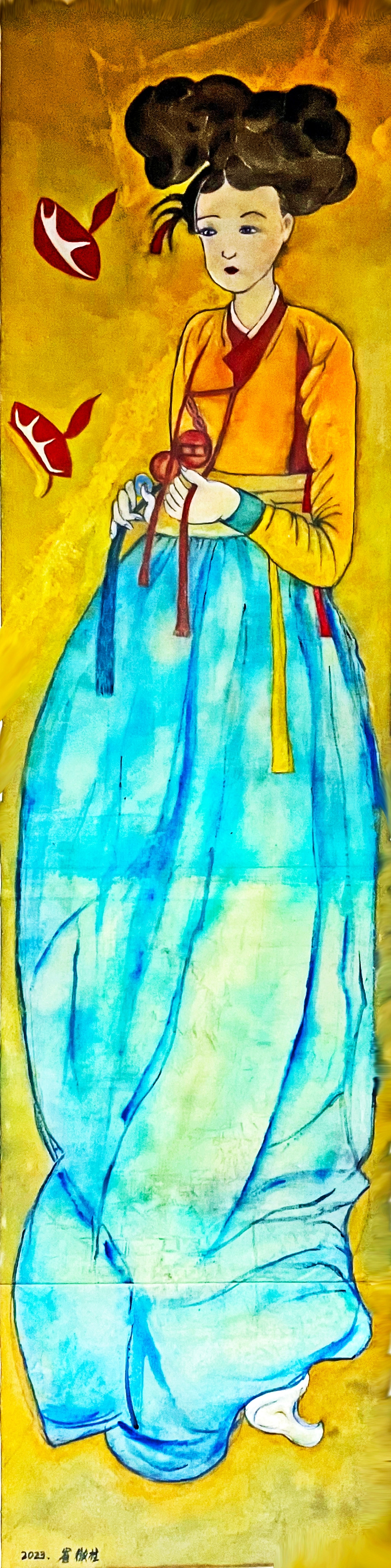 Louis, Chul-joo Choi, a morning glory woman, 34.5X138 cm, acrylic and composite materials on cloth, 2023.jpg