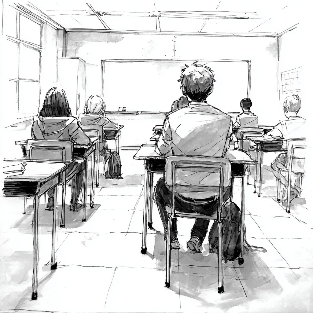 Draw a picture of a school where students are sitting at desks facing the board, all facing backwards, and one seat is empty. Draw no more than 5 students and desks --v 7_2_20250624T093938.jpg