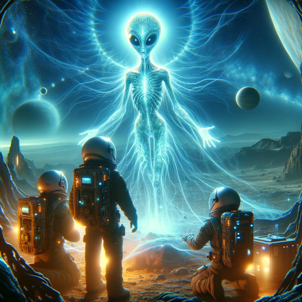DALL·E 2024-02-20 22.59.51 - The first contact with an alien life form on the planet Artemis, within a glowing energy field. The explorers and the alien life form are inside the e.jpg