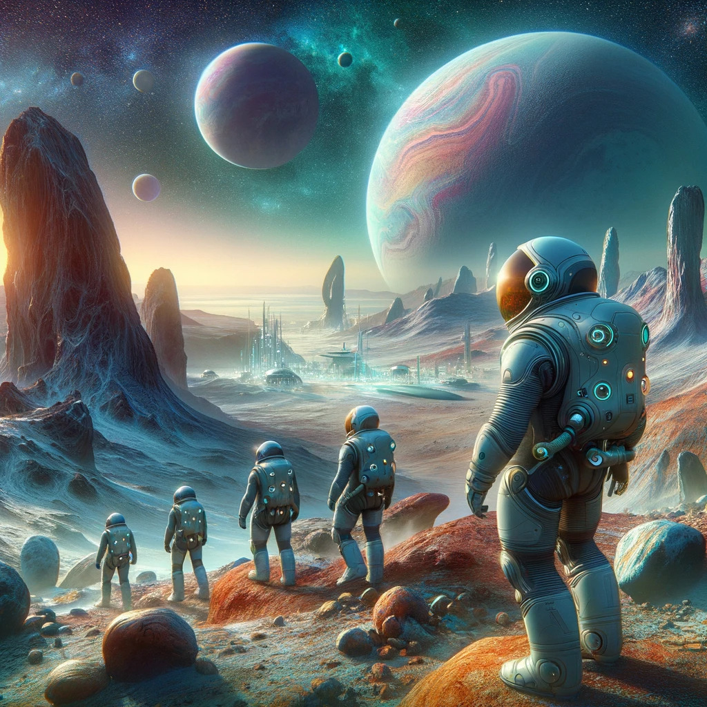 DALL·E 2024-02-20 22.59.46 - The first explorers, wearing futuristic space suits, stepping onto the surface of an alien planet named Artemis. The landscape is exotic and unfamilia.jpg