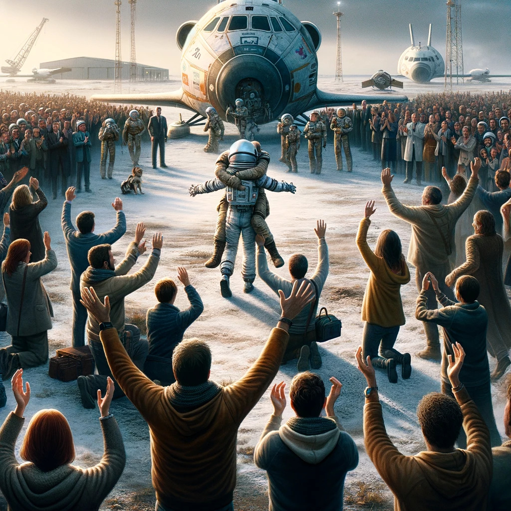 DALL·E 2024-02-20 22.59.53 - The emotional return of the explorers to Earth, greeted by a crowd of family, friends, and colleagues. The scene is set at the spaceport, with the spa.jpg