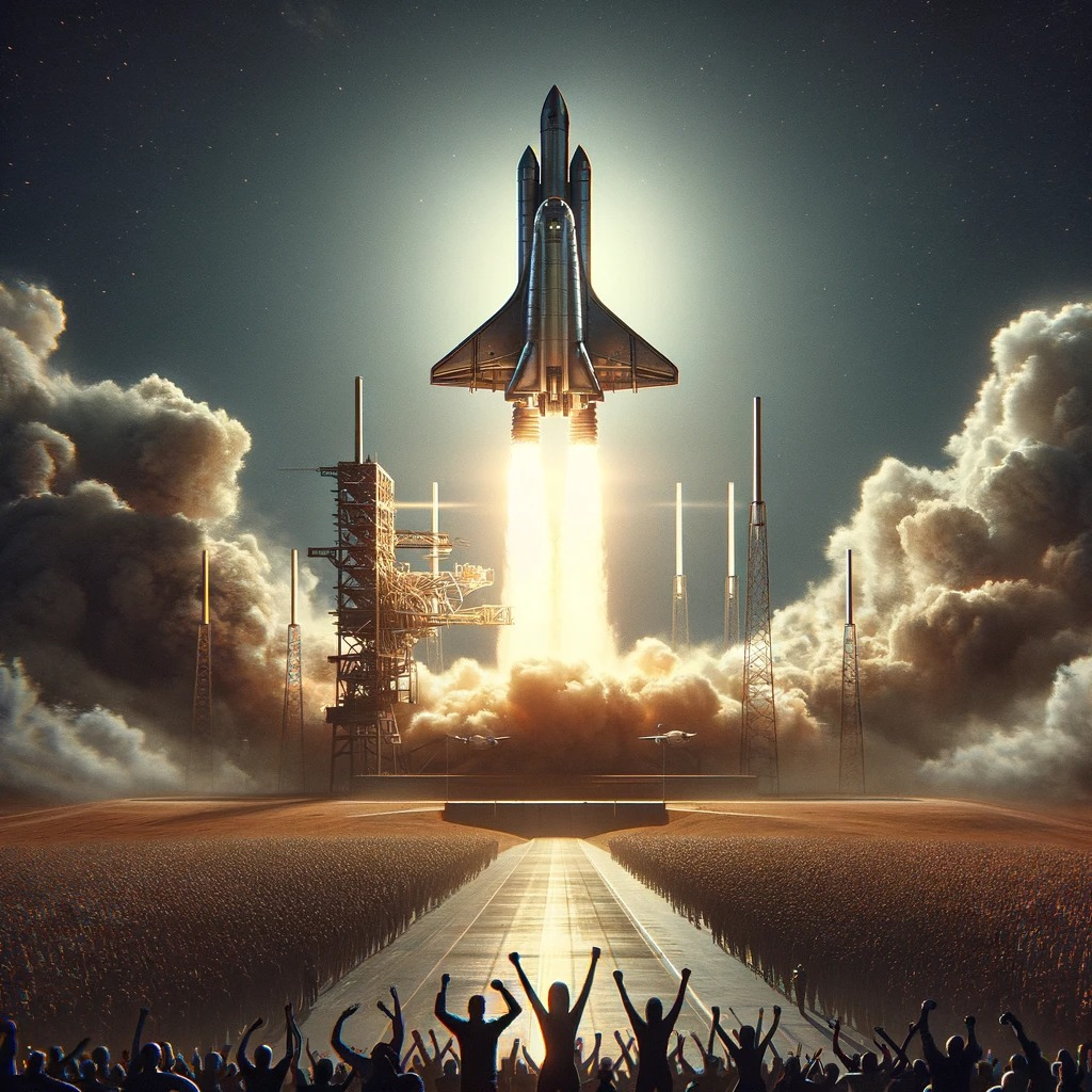 DALL·E 2024-02-20 22.59.42 - A dramatic scene of a spaceship launching from the launch pad into space, with a crowd of people cheering in the foreground. The scene captures the mo.jpg
