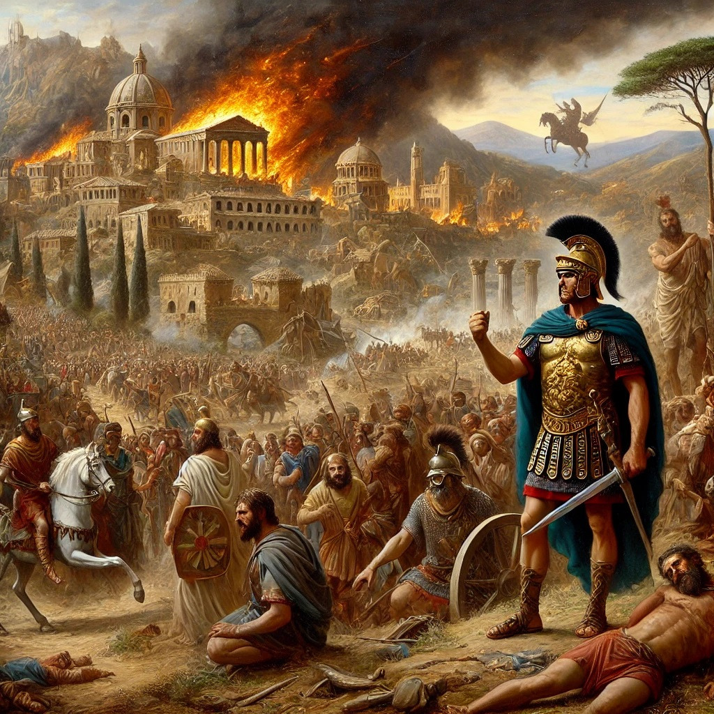 DALL·E 2024-06-24 16.28.37 - An oil painting depicting the dramatic scene of the Vandals' invasion and conquest of Africa, showcasing the chaos and destruction they brought upon t.jpg