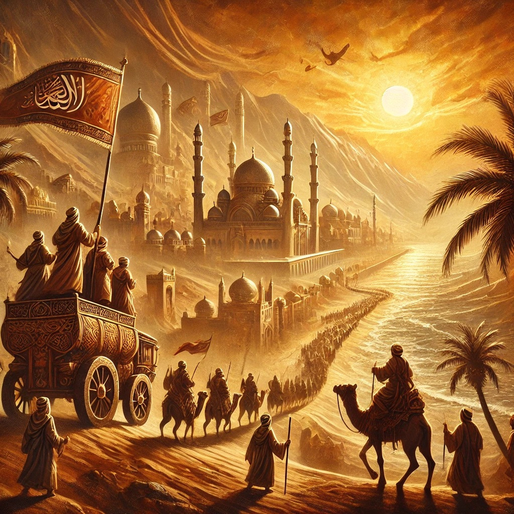 DALL·E 2024-10-28 09.17.48 - An oil painting style illustration depicting the rise and expansion of the Islamic Empire. The scene shows a symbolic representation of the growth of .jpg