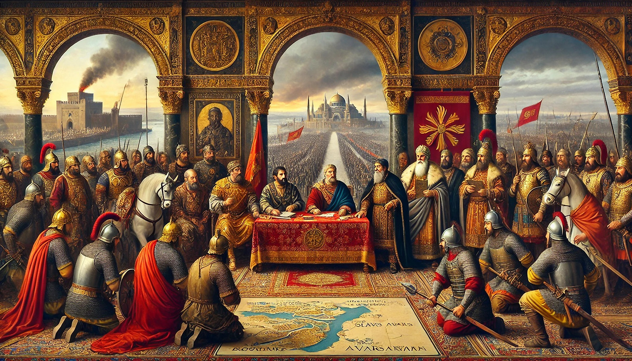 DALL·E 2024-08-26 15.56.25 - A detailed oil painting depicting a diplomatic meeting between the Emperor of the Eastern Roman Empire and his military leaders with a delegation from.jpg
