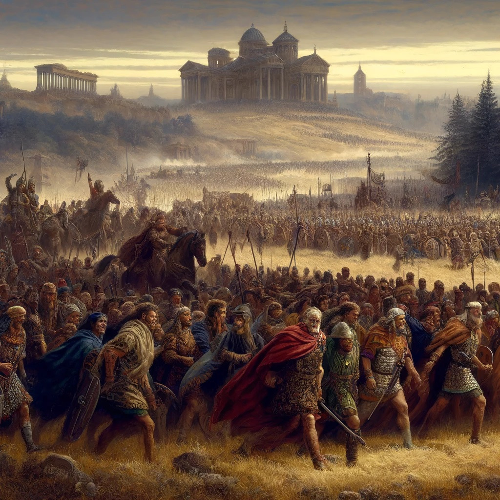 DALL·E 2024-05-06 20.22.55 - A dramatic and historical scene depicting the massive movement of Germanic tribes into Roman territories during the reign of Theodosius I. The paintin.jpg