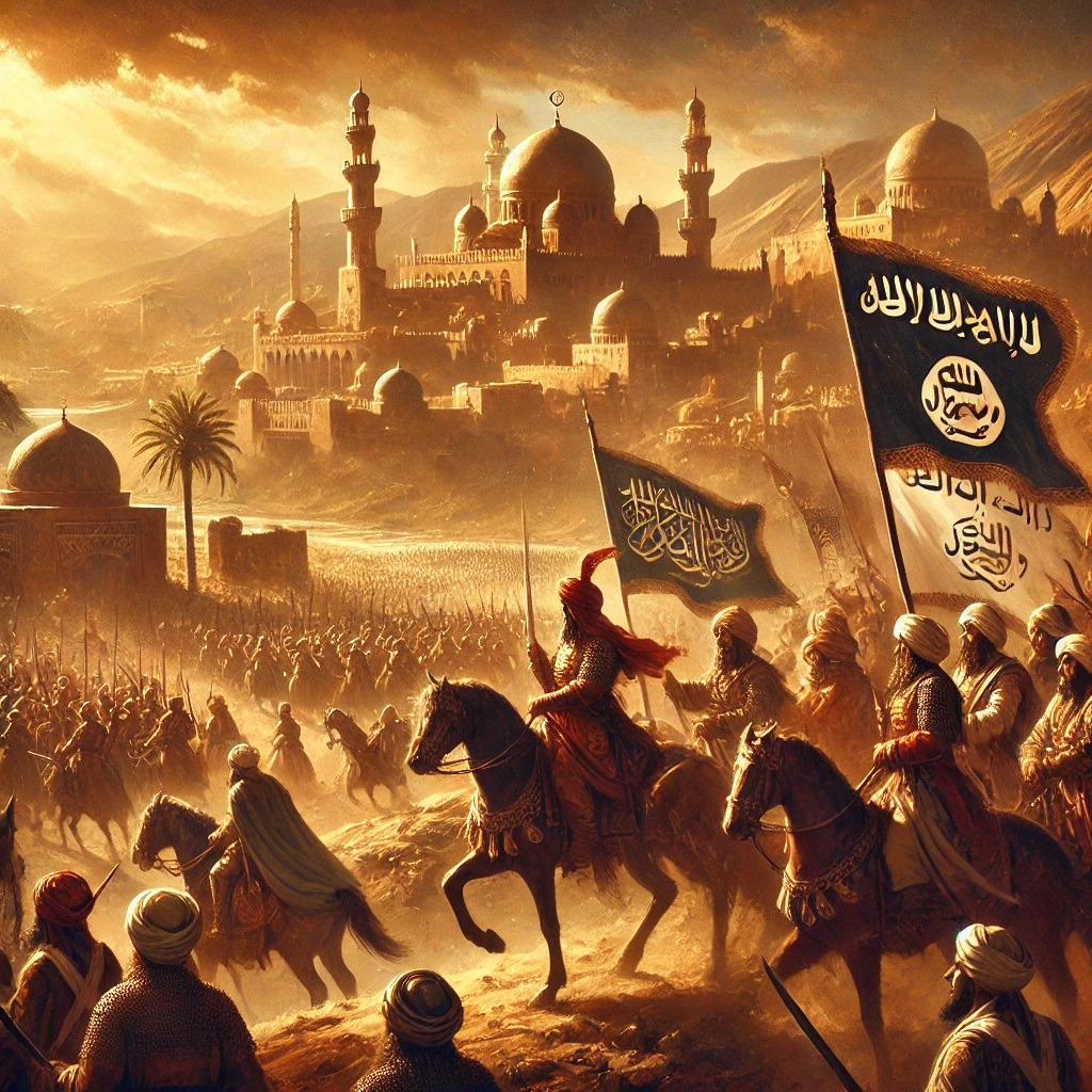 DALL·E 2024-11-04 11.24.54 - An oil painting style illustration depicting the era of Islamic conquests. The scene shows an Arabian army, with warriors in traditional armor and ban.jpg