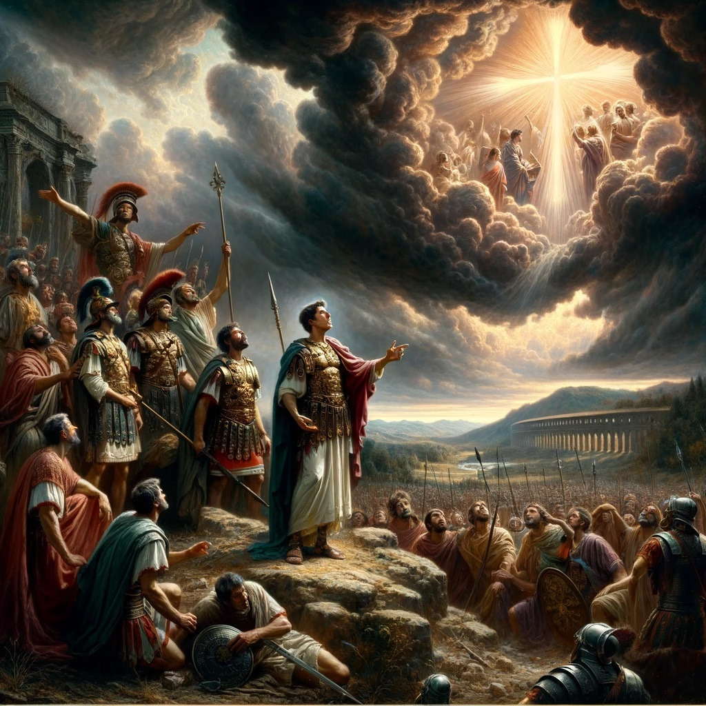 DALL·E 2024-03-24 20.14.03 - A detailed, historical scene depicting the moment Emperor Constantine experiences a divine revelation before the Battle of the Milvian Bridge in 312 A.jpg