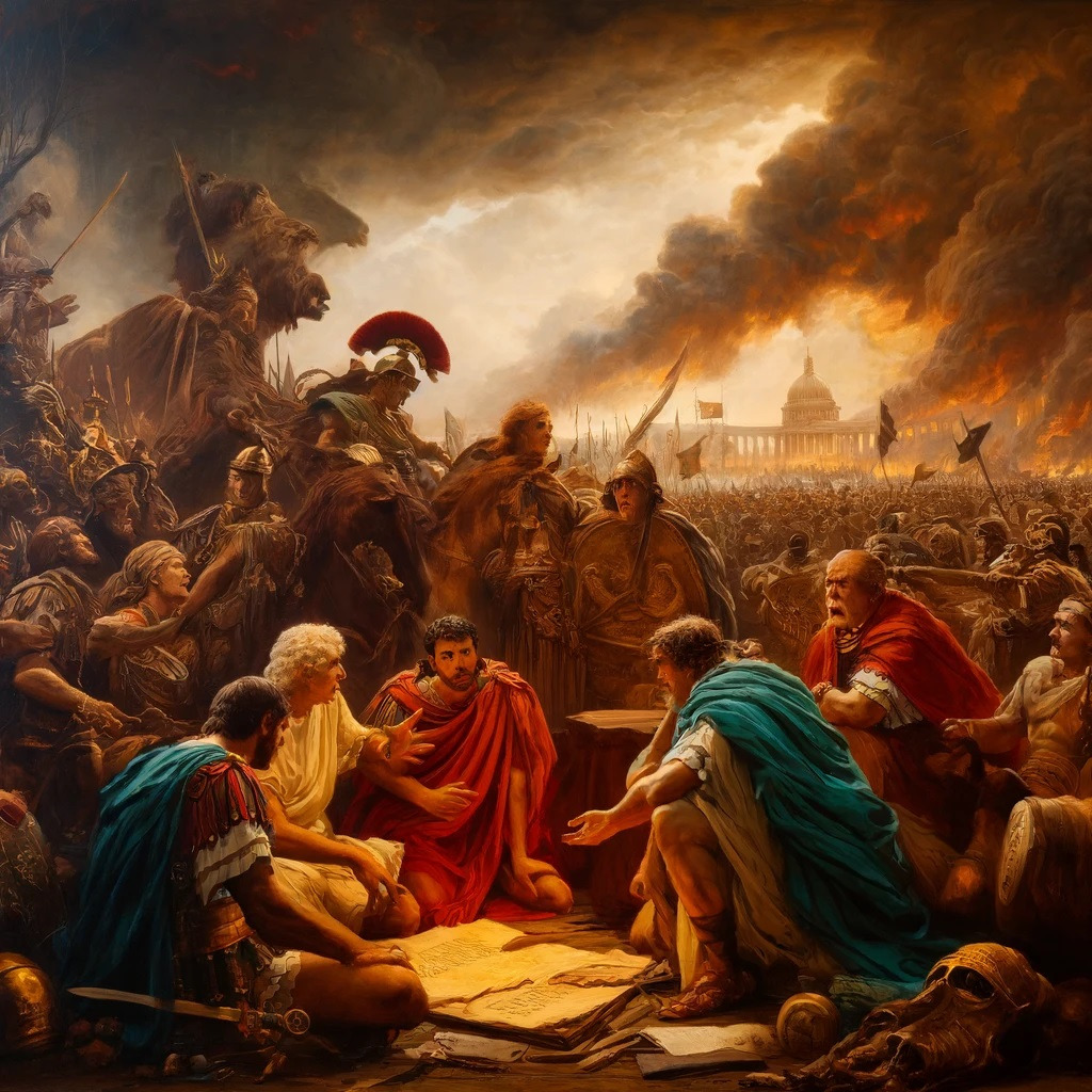 DALL·E 2024-06-10 13.21.09 - A dramatic oil painting depicting a scene from the 31st chapter of 'The History of the Decline and Fall of the Roman Empire'. The scene features Roman.jpg
