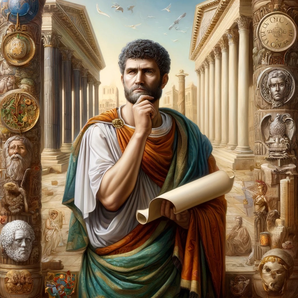 DALL·E 2024-04-14 20.42.03 - A majestic and thoughtful Julian the Apostate, robed in traditional Roman garb, stands amidst ancient Roman architecture, surrounded by pagan and Chri.jpg