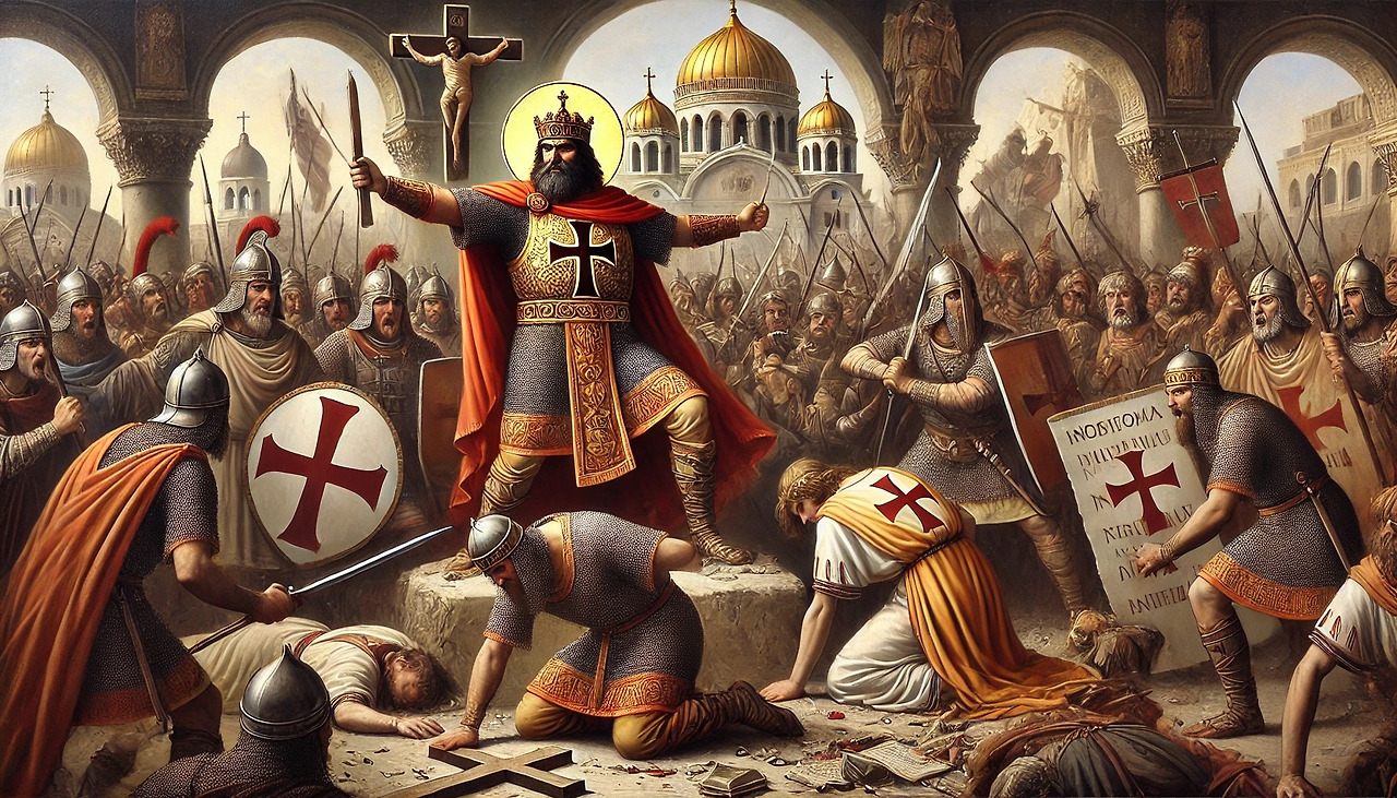 DALL·E 2024-07-22 11.30.18 - An oil painting of King Geiseric of the Vandals forcefully imposing Arian Christianity on Roman Africa. Geiseric is seen in front, commanding his Vand.jpg