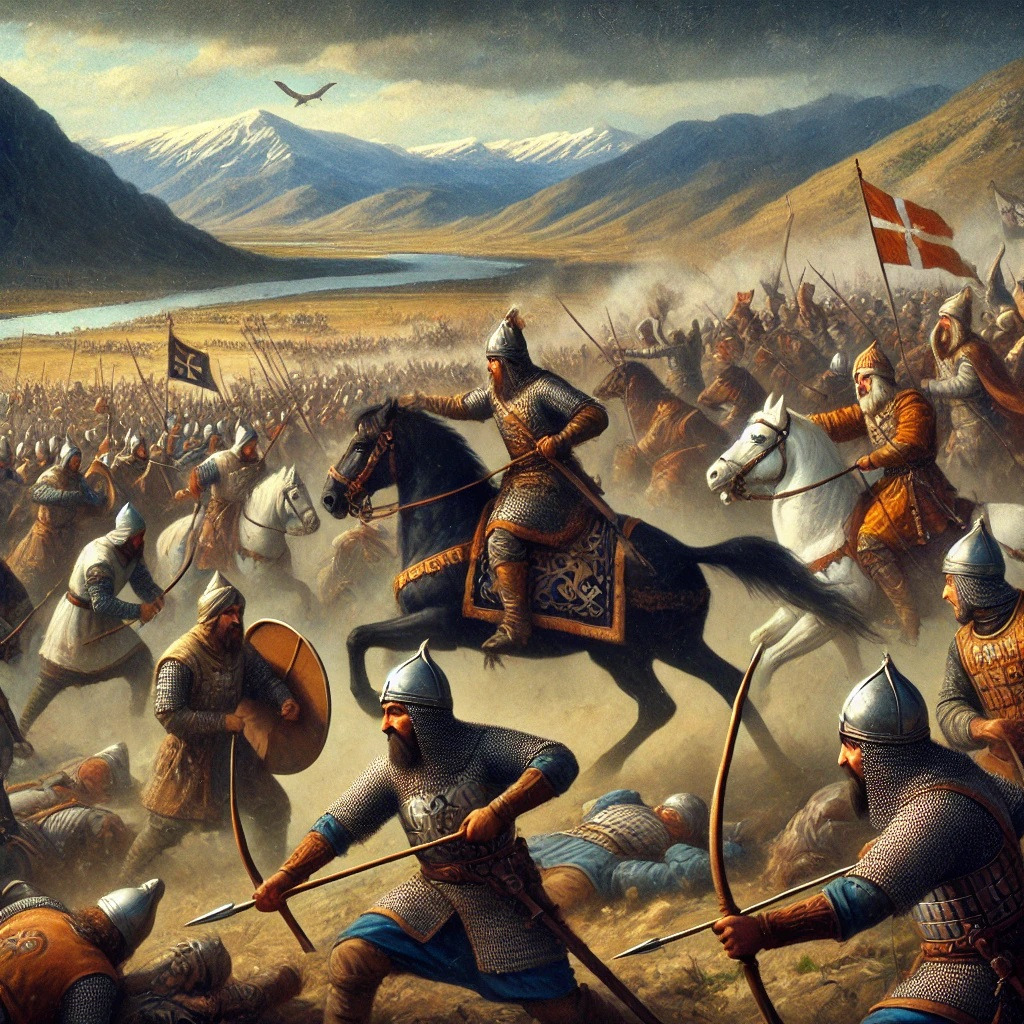 DALL·E 2024-12-09 10.14.23 - An oil painting style illustration depicting the Battle of Manzikert in 1071, featuring Seljuk forces led by Alp Arslan clashing with Byzantine troops.jpg