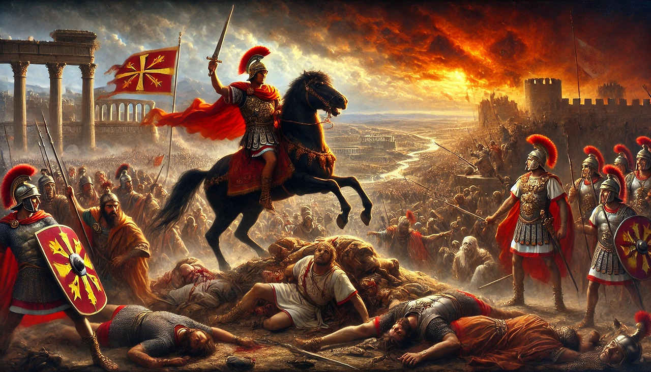 DALL·E 2024-09-02 08.23.28 - A dramatic oil painting titled 'The Last Battle of the Roman Empire and Hope Among the Ruins.' In the center, General Narses is on horseback, leading .jpg