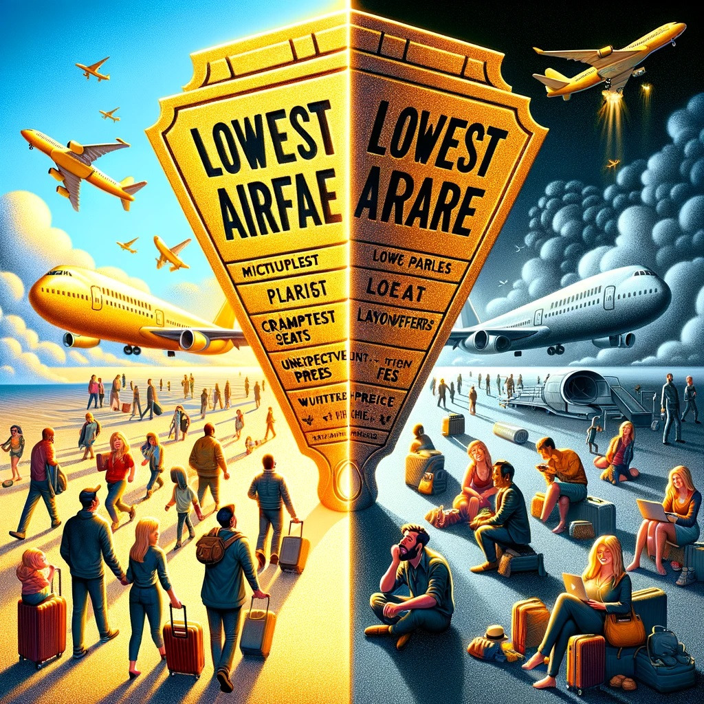 DALL·E 2024-03-29 13.10.27 - An illustration that encapsulates the concept 'The Pitfalls of Lowest Airfare_ Meticulousness Wins, Not Price.' The image should depict a contrast bet.jpg