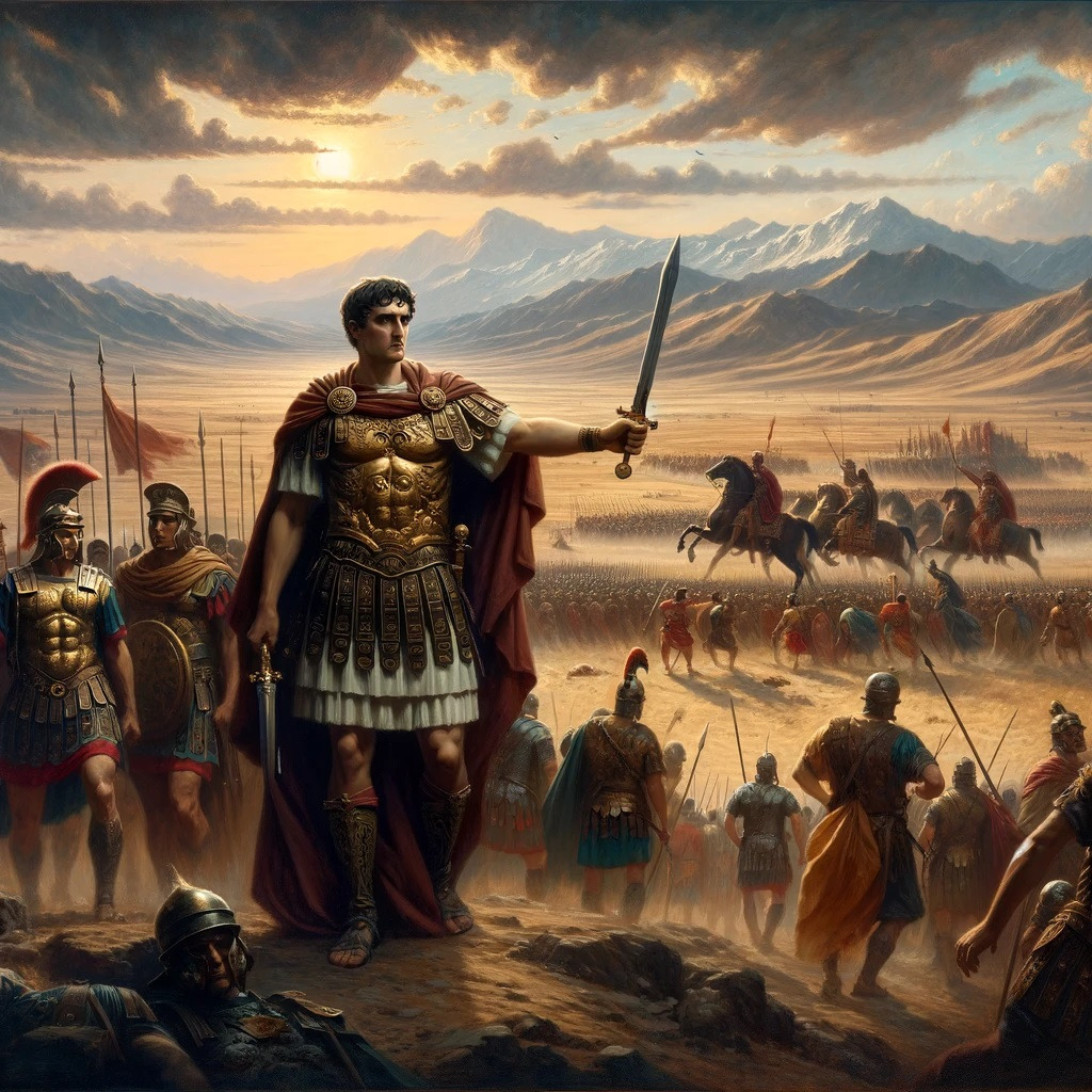 DALL·E 2024-04-22 09.39.54 - A dramatic and historical scene depicting Emperor Julian's Persian campaign. The painting shows a vast desert landscape with Roman soldiers marching o.jpg