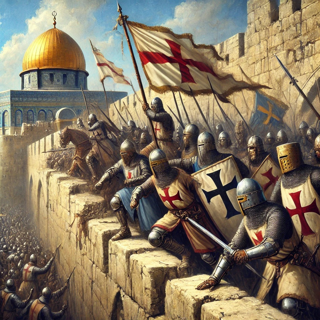 DALL·E 2024-12-16 11.04.12 - An oil painting style illustration depicting the First Crusade and the capture of Jerusalem in 1099. The scene shows Crusader knights in medieval armo.jpg