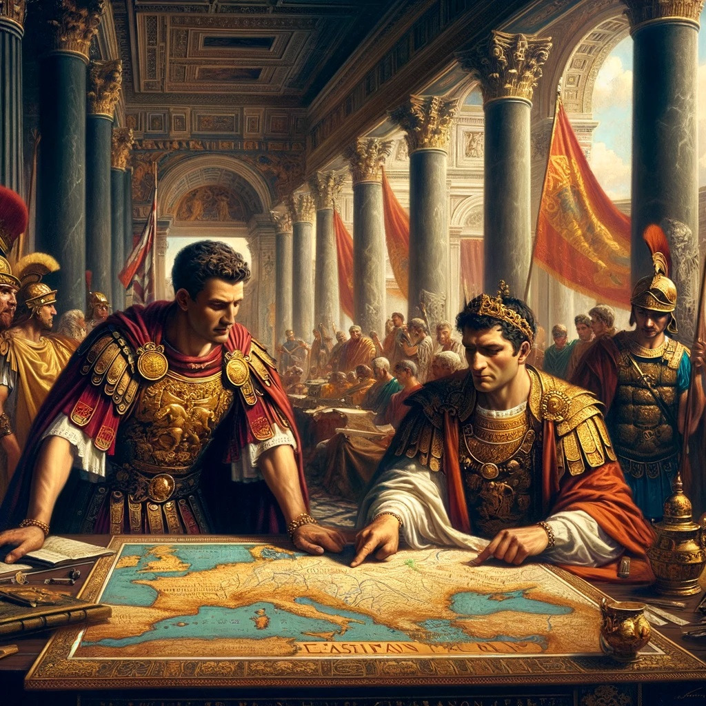 DALL·E 2024-04-29 09.32.14 - A detailed and historical oil painting depicting the division of the Roman Empire by Emperors Valentinian I and Valens. Valentinian I, dressed in rega.jpg