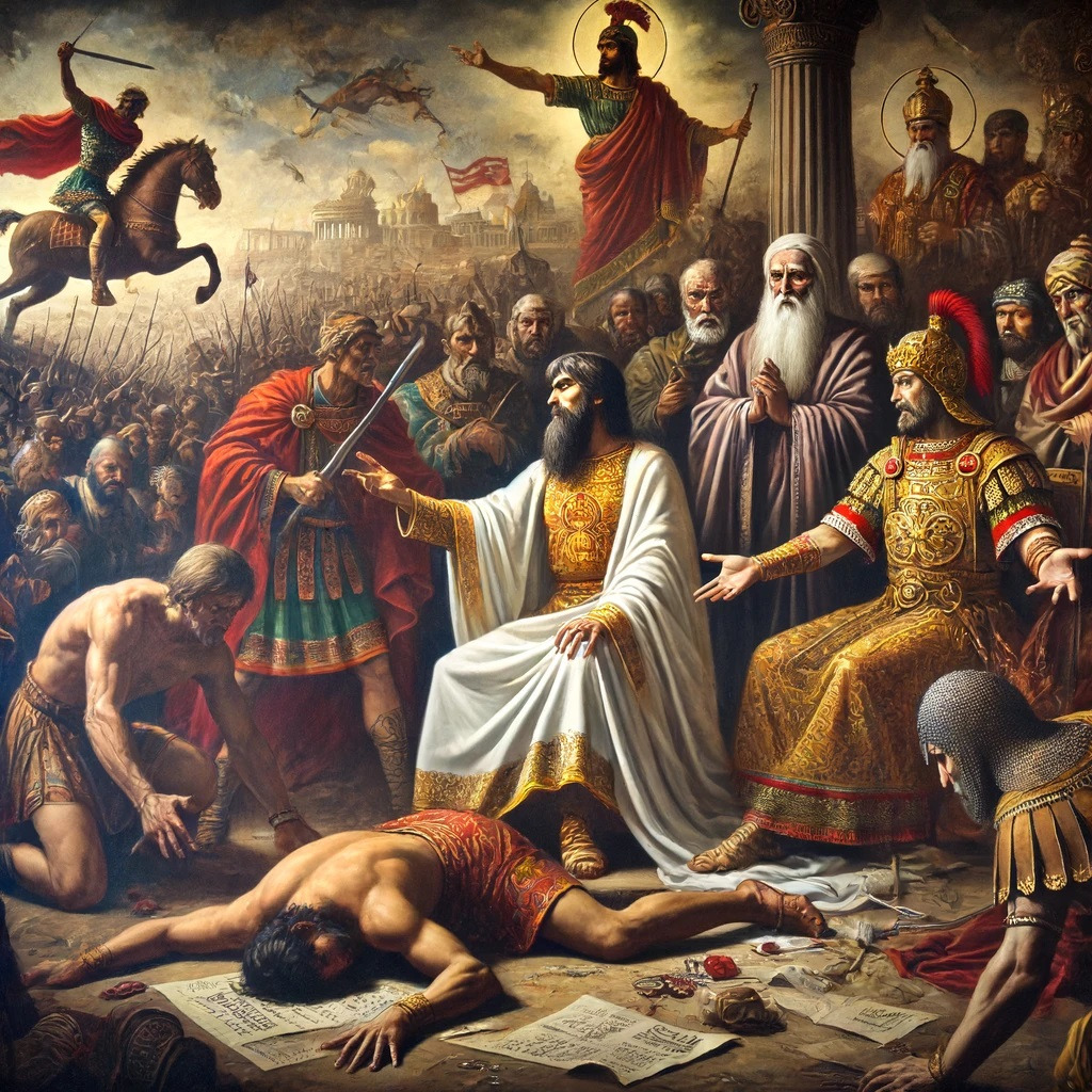 DALL·E 2024-06-17 16.27.58 - A dramatic oil painting depicting a scene from the Eastern Roman Empire during the reign of Arcadius. In the foreground, the eunuch Eutropius is seen .jpg