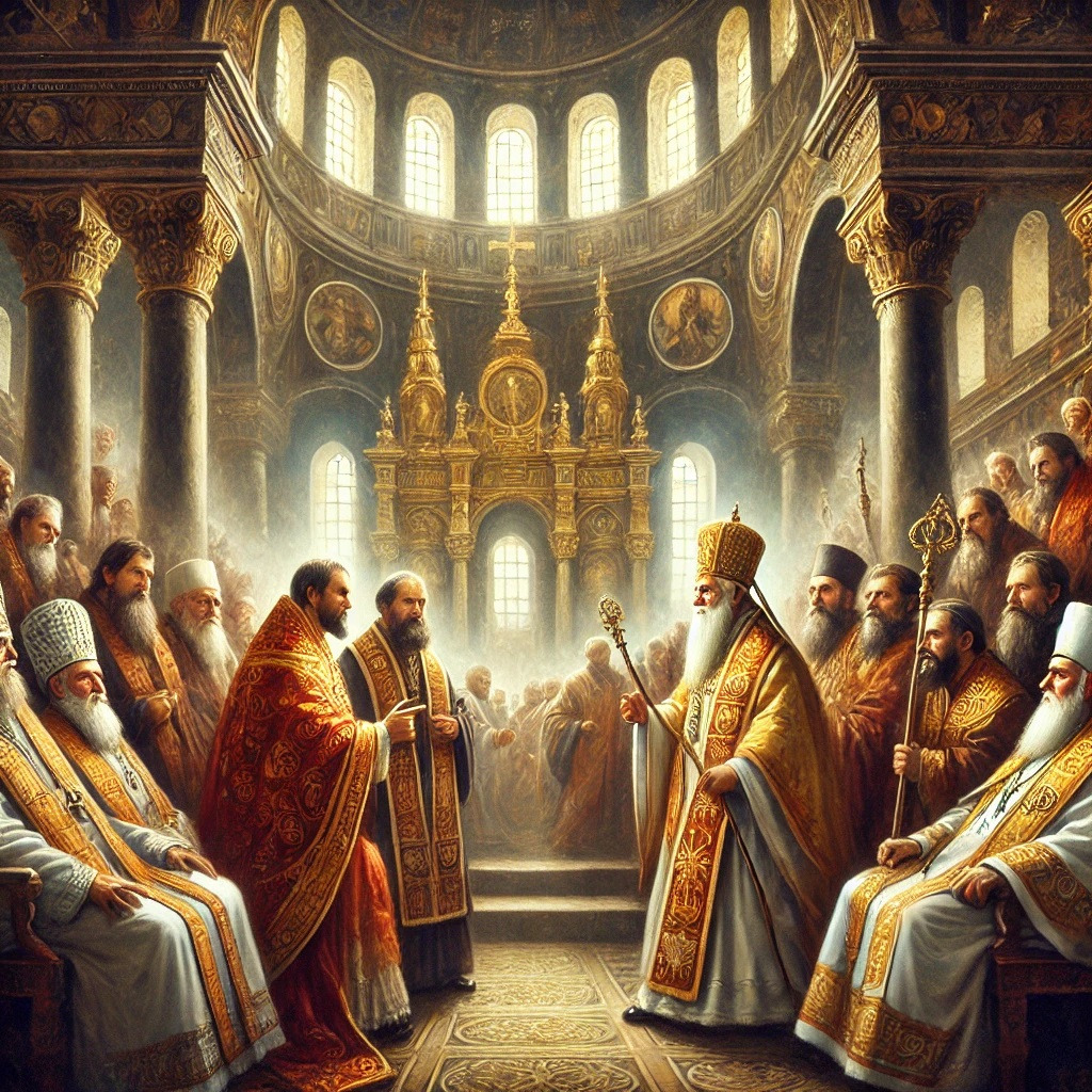 DALL·E 2024-12-30 09.57.53 - An oil painting style illustration depicting the Great Schism of 1054, showing representatives of the Roman Catholic Church and the Eastern Orthodox C.jpg