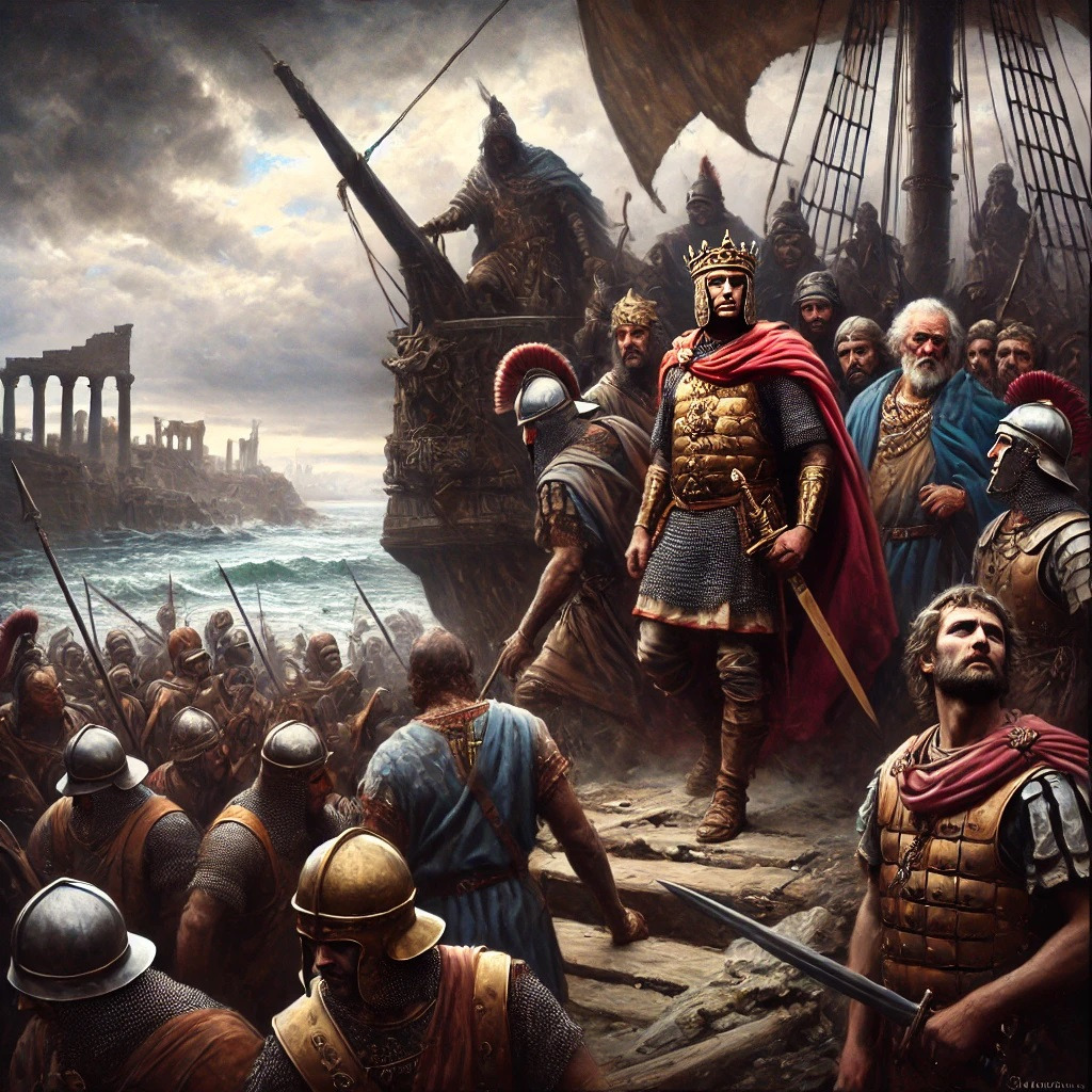DALL·E 2024-07-08 09.49.18 - A dramatic oil painting depicting the historical moment when the Vandal leader Genseric arrives in Africa with his forces. Genseric, in the foreground.jpg