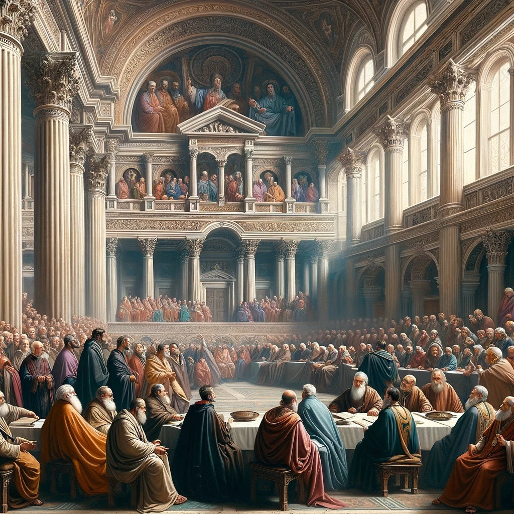 DALL·E 2024-03-31 22.27.33 - A detailed, historic painting depicting the Council of Nicaea, showing a large gathering of bishops and religious figures in a grand, ancient hall. Th.jpg