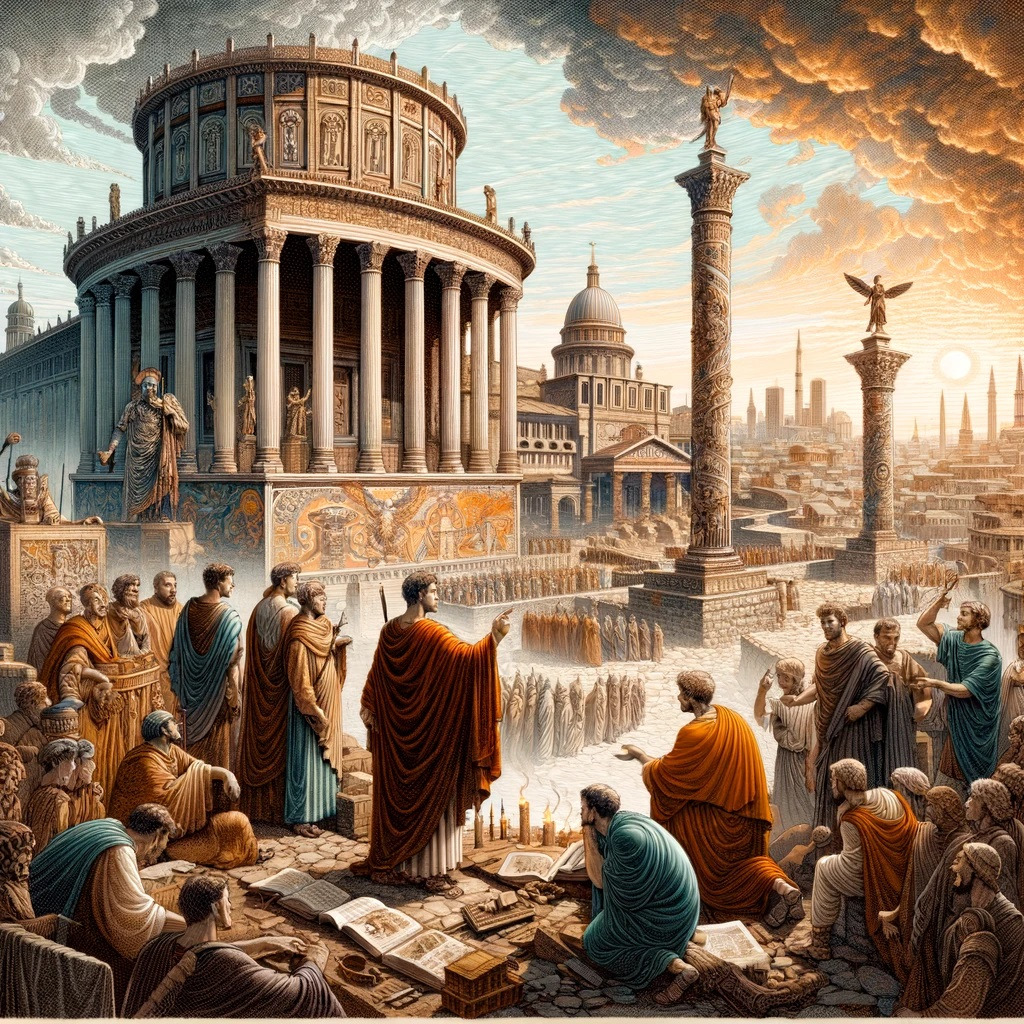 DALL·E 2024-02-25 23.17.13 - An illustration reflecting the key aspects of Constantine the Great's era, depicting the construction of Constantinople as a symbol of the transformat.jpg