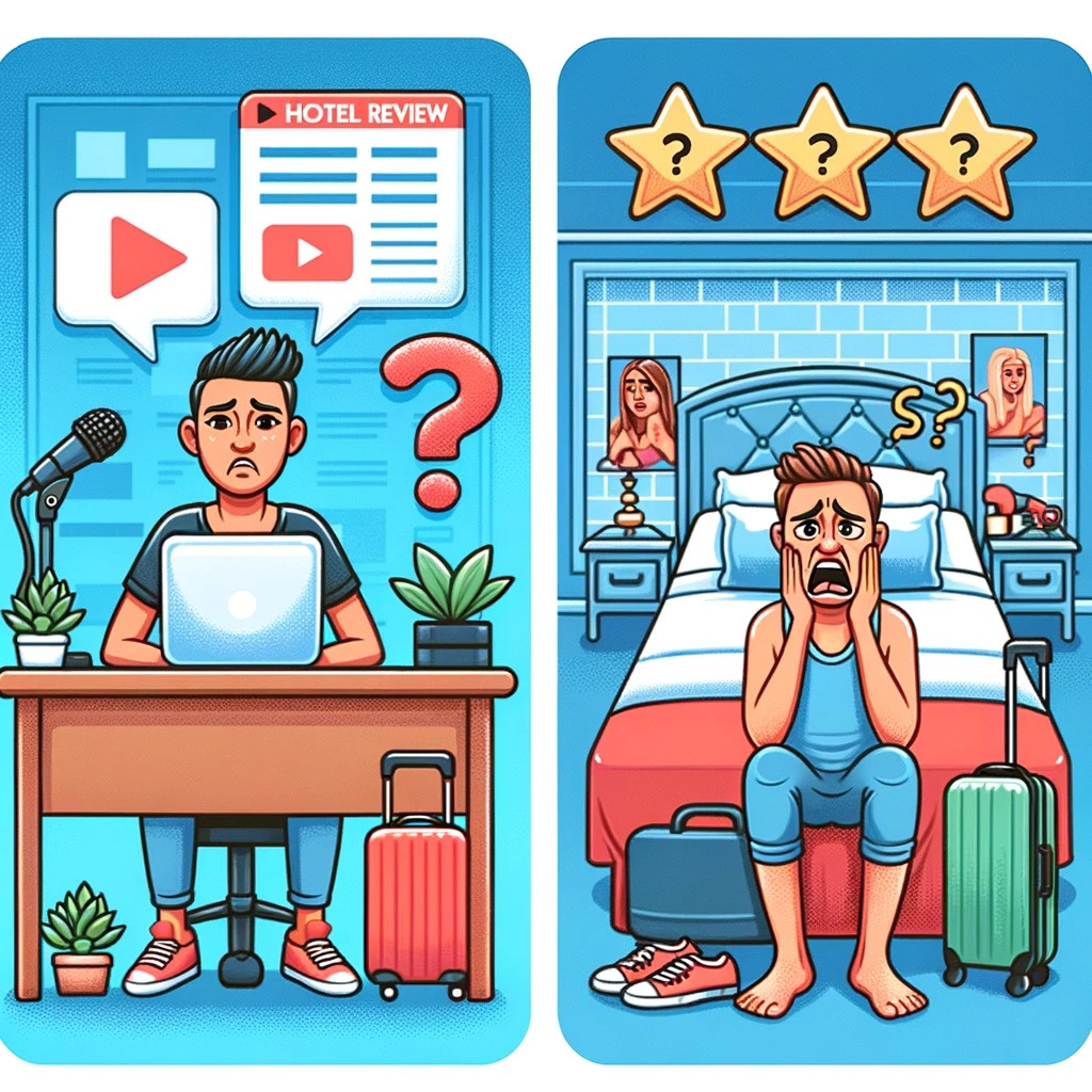 DALL·E 2024-05-14 11.17.14 - An illustration showing two contrasting scenes_ on the left, a travel blogger or YouTuber at a desk making a hotel review video without ever visiting .jpg