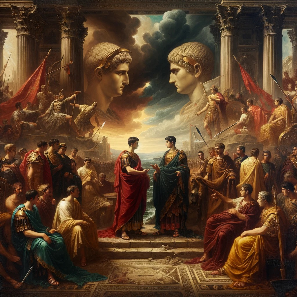 DALL·E 2024-05-27 09.36.16 - A dramatic oil painting depicting the political turmoil and power struggles in the Roman Empire during the time of Honorius and Arcadius. The scene sh.jpg