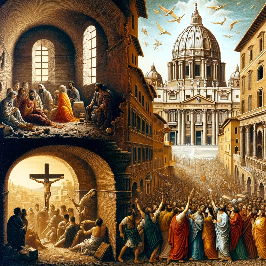DALL·E 2024-02-25 19.49.20 - An ancient Roman scene illustrating the transition of Christianity from persecution to acceptance within the Roman Empire. The scene depicts a diverse.jpg